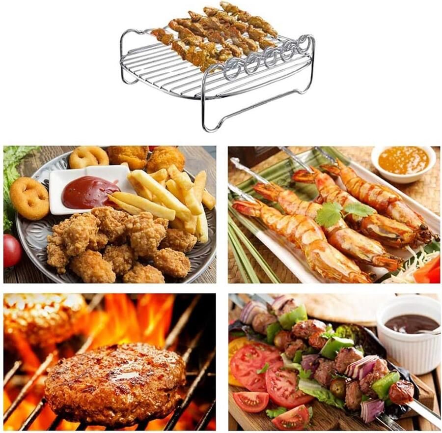 Dual Air Fryer Accessoires Zilver 304 Roestvrij Staal Vervanging BBQ Rack Dubbele Laag Spiesjes Bakplaat Voor Air Fryer