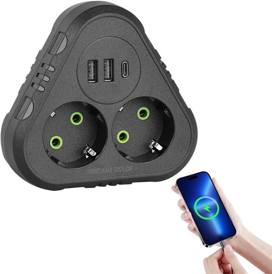 Dual Plug Adapter met 2 USB-poorten Meerdere Stopcontacten zonder Kabel Veiligheidsfunctie voor Thuis Kantoor en Reizen 2500 W vermogen