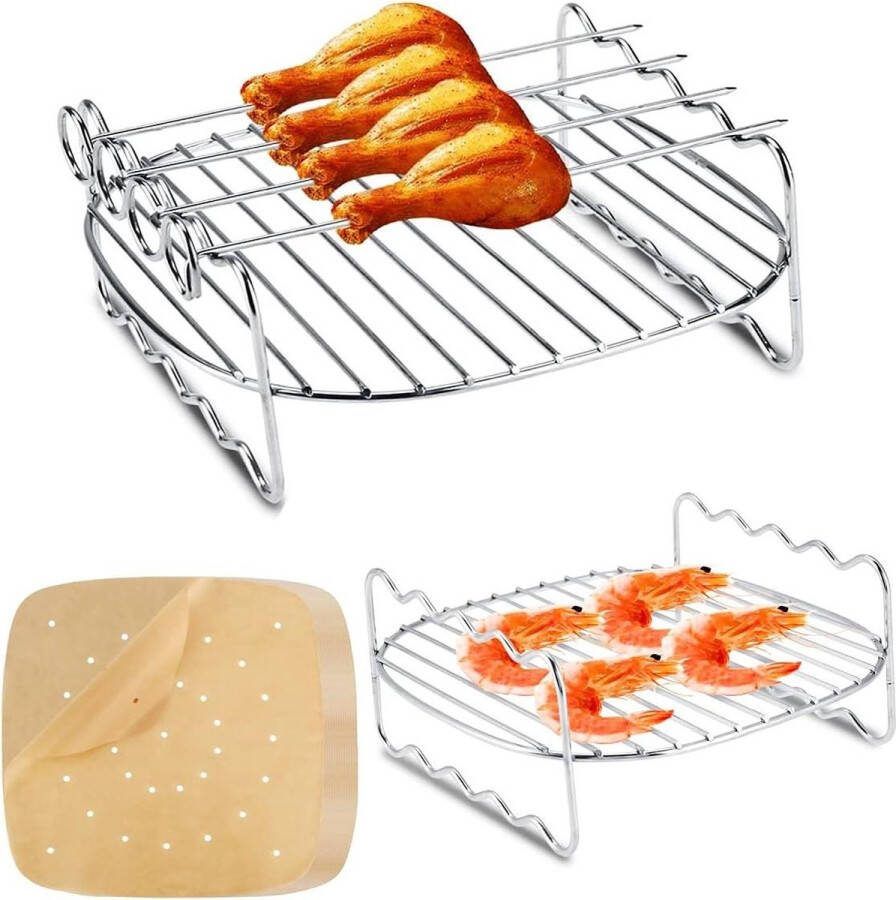 Dubbel Laags Air Fryer Rack 2 Stuks met 100 Stuks Liners Geschikt voor Oven Heteluchtfriteuse en Buitengrillen