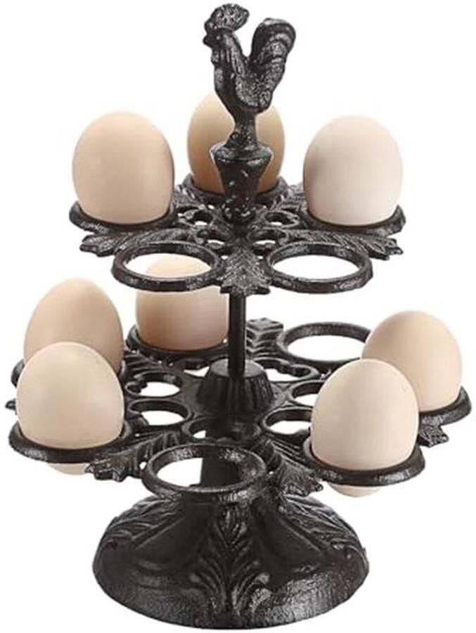 Eierrek Dubbel Eierhouder Keuken Eieren Presenteren Gietijzer Decoratief 19 x 19 x 24 cm Zwart
