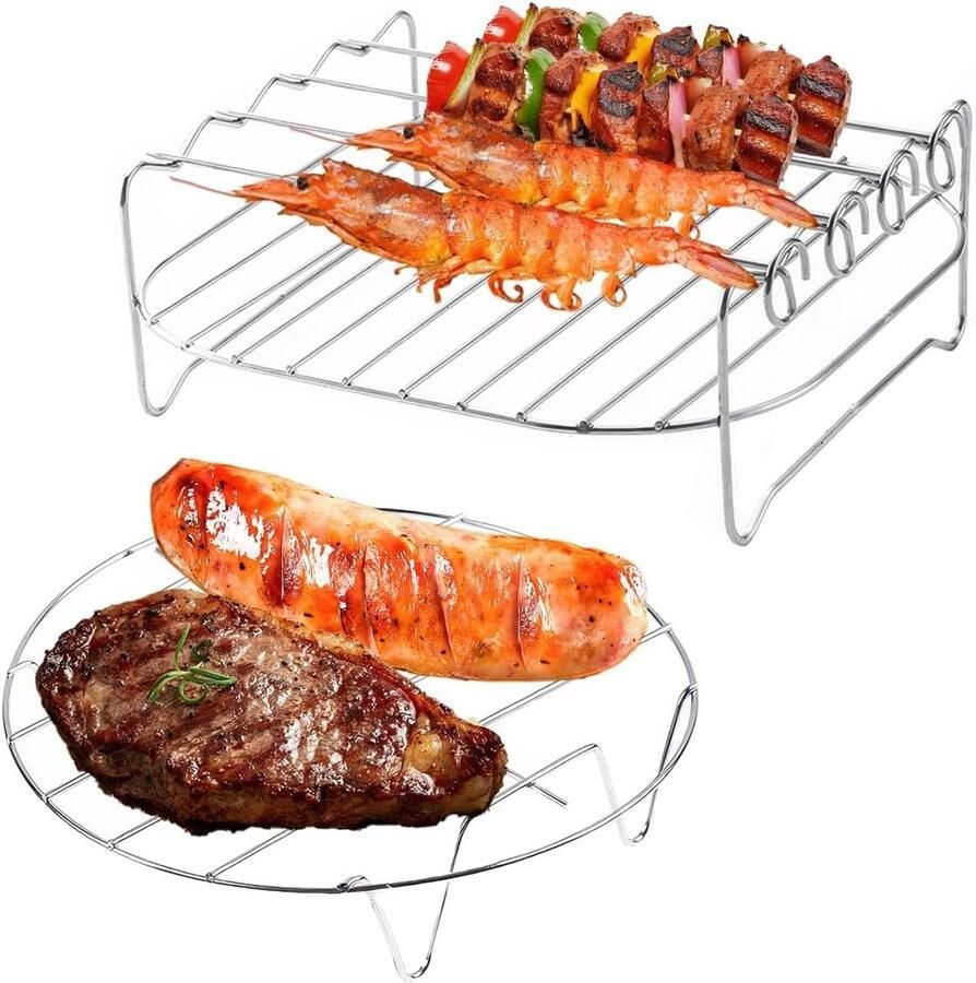 Dubbel Laags RVS Airfryer Grillrek met 4 Spiezen Extra Ruimte voor Gelijktijdig Bakken en Roosteren in Oven en Magnetron