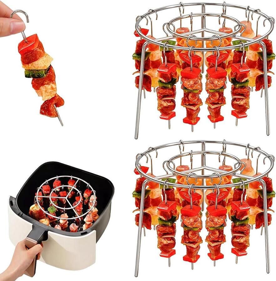 Dubbel RVS Airfryer Spiesjes Rek met 24 Spiesen Ronde Grill Accessoire