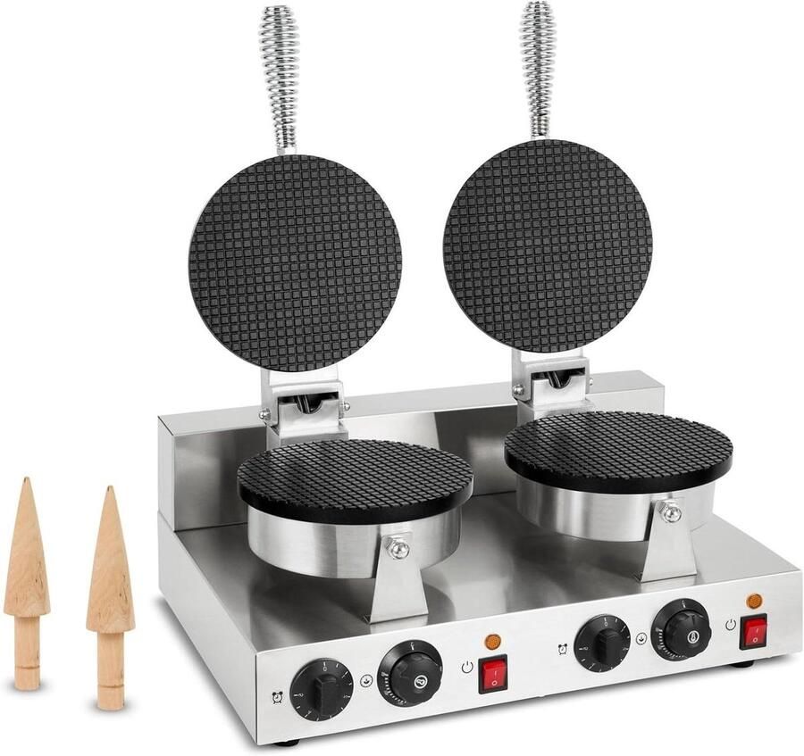 Dubbel Wafelijzer IJswafelmaker Kegels Professioneel Bakken Dubbele Hoorn Ijzer 48 Stuks Uur Zilver