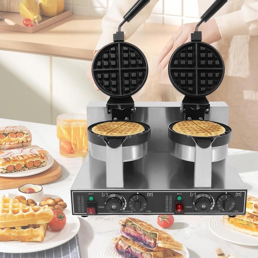 Dubbel Wafelijzer Wafelmaker Roterend Wafels Bakken Dubbelzijdig Verwarmend 20cm Diameter Zilverkleurig