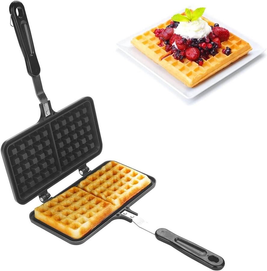 Dubbel Wafelijzer Wafelpan Dubbele Kop Wafelmaker Wafels Bakken Antiaanbaklaag 345 x 23 x 4 cm Zwart