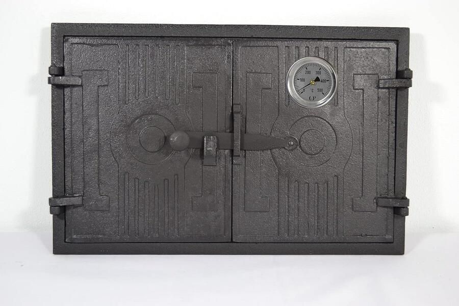 Dubbeldeurs Gietijzeren Oven deur Hittebestendige Deur voor Pizzaovens & Broodovens met Thermometer 42 x 27 cm Duurzaam en Hoogwaardige Kwaliteit