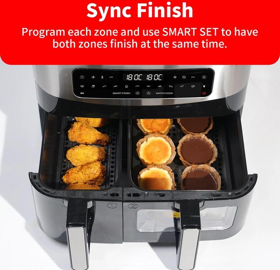Dubbele Airfryer 10L – 2 Manden van 4L + 6L – 2850W – Dual Zone – Digitaal Bedieningspaneel – 220-240V