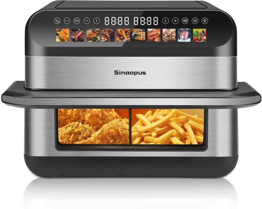 Dubbele Airfryer 10L 2200W Dual Zone Heteluchtfriteuse Touchscreen 10 Voorgeprogrammeerde Programma's Kijkvenster Zwart RVS