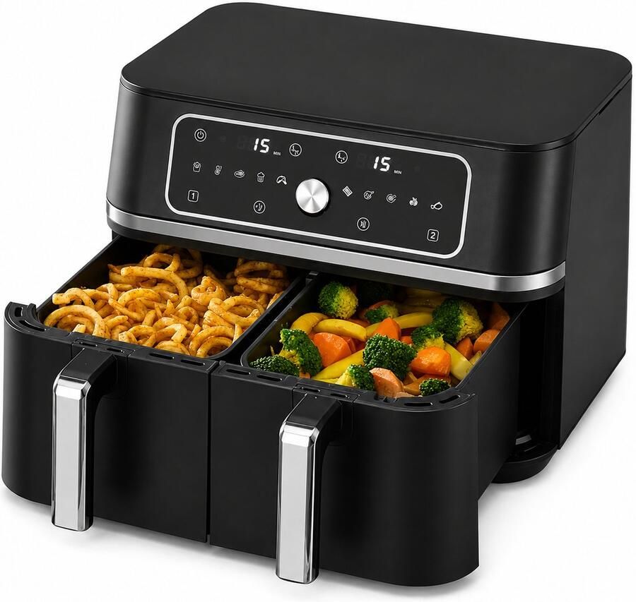 Dubbele Airfryer 9L – 2 x 4 5L – Dual Zone – 10 Voorgeprogrammeerde Programma s – Digitale Bediening – Instelbare Temperatuur