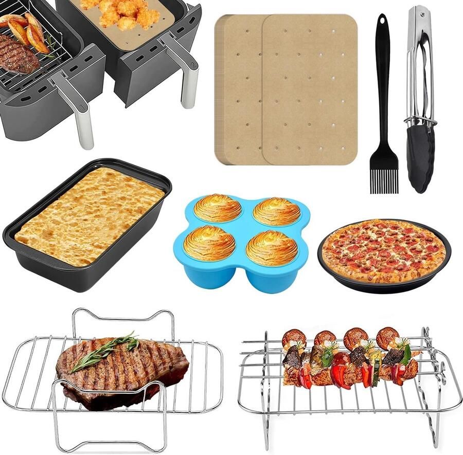 Dubbele Airfryer Accessoires Set van 8 Stukken Antiaanbak Bakmanden voor Ninja Foodi en Instant Vortex Perfect voor Gezond Koken en Frituren