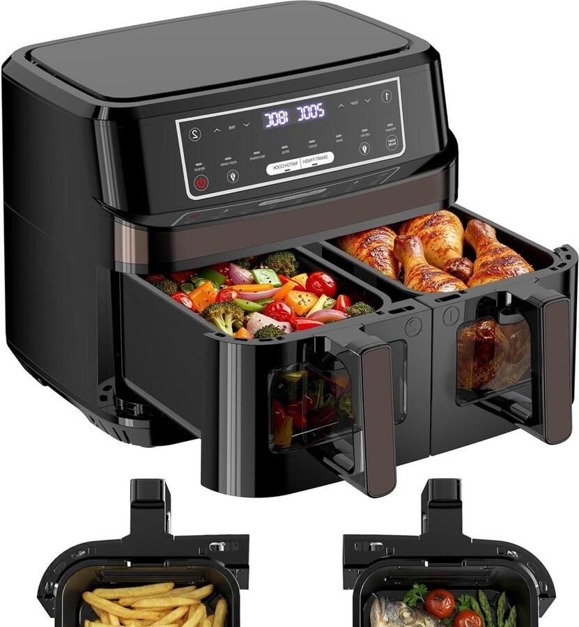 Dubbele Airfryer Heteluchtfriteuse Dubbele Mand Gezond Koken Gescheiden Zones 2x 5 Liter Zilver