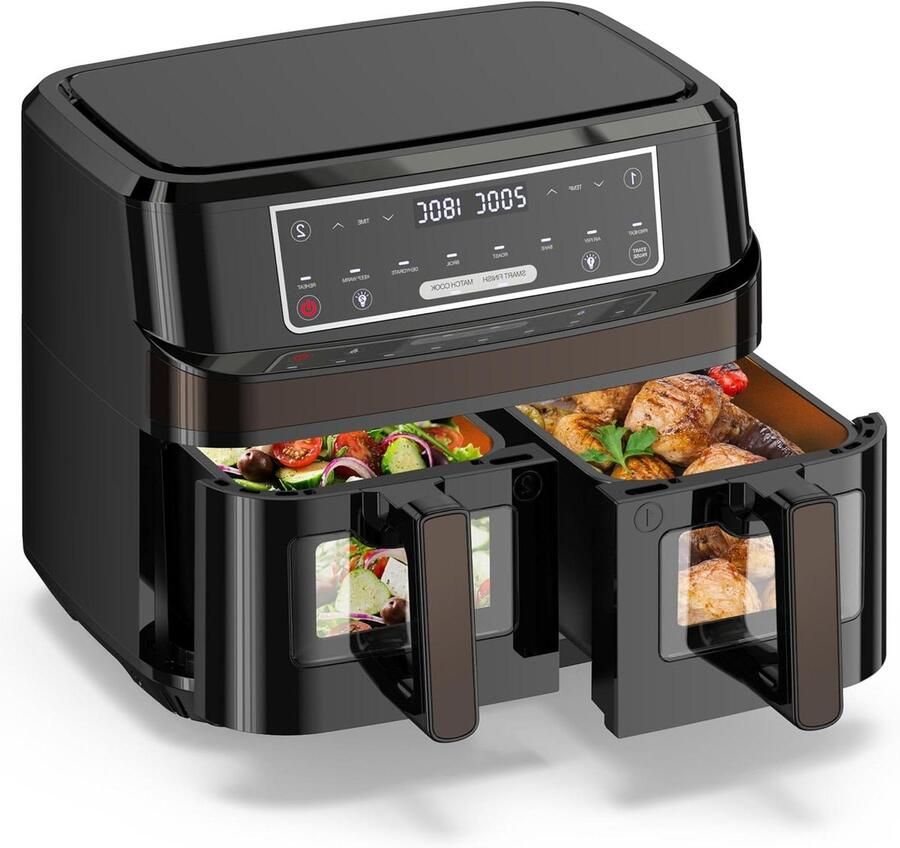 Dubbele Airfryer Heteluchtfriteuse Dubbelmand Airfryer Gezond Koken Twee Zichtbare Manden 10 Liter Zwart