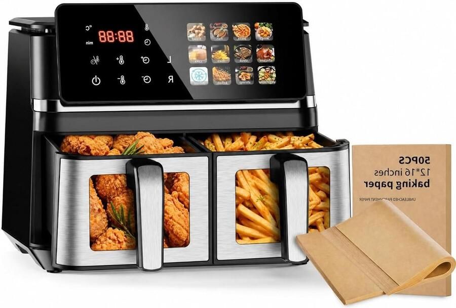 Dubbele Airfryer Heteluchtfriteuse Familie Maaltijden Sync Functie 10L Inhoud Zwart