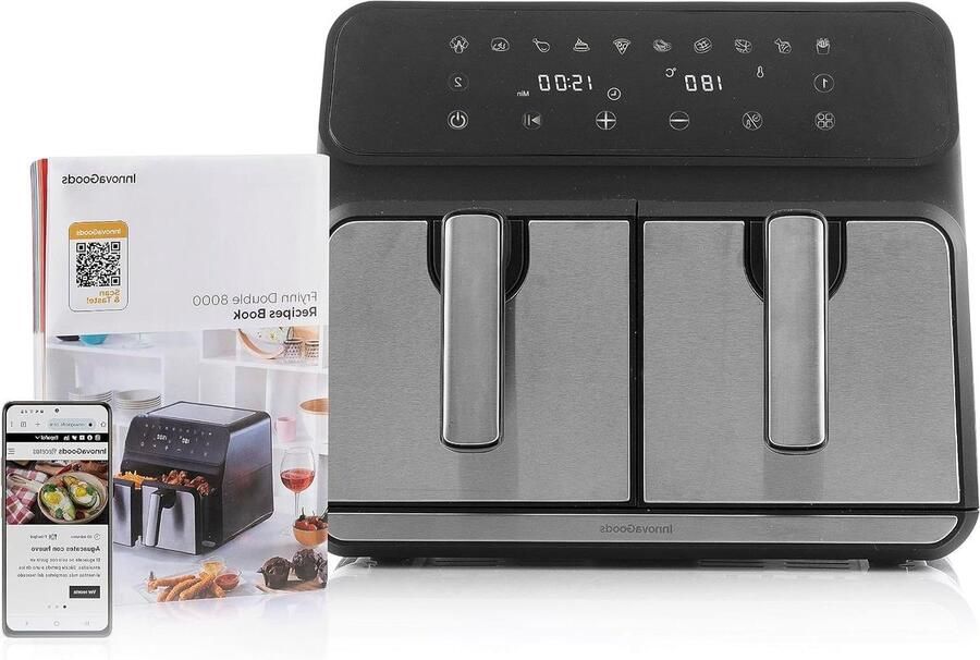 Dubbele Airfryer Heteluchtfriteuse Frituurpan Gezond Koken Twee Manden 8 Liter Zwart RVS