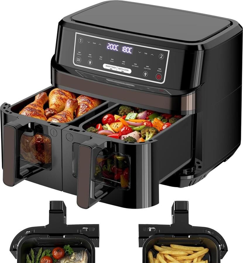 Dubbele Airfryer Heteluchtfriteuse Twee Kamers Gezond Koken Dubbele Zone 10 Liter Zilver