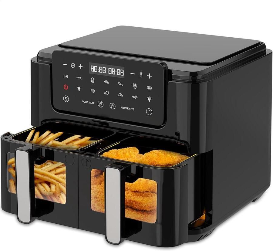 Dubbele Airfryer Heteluchtfriteuse XXL Snel Maaltijden Bereiden Twee Gerechten Tegelijk 10 Liter Zwart