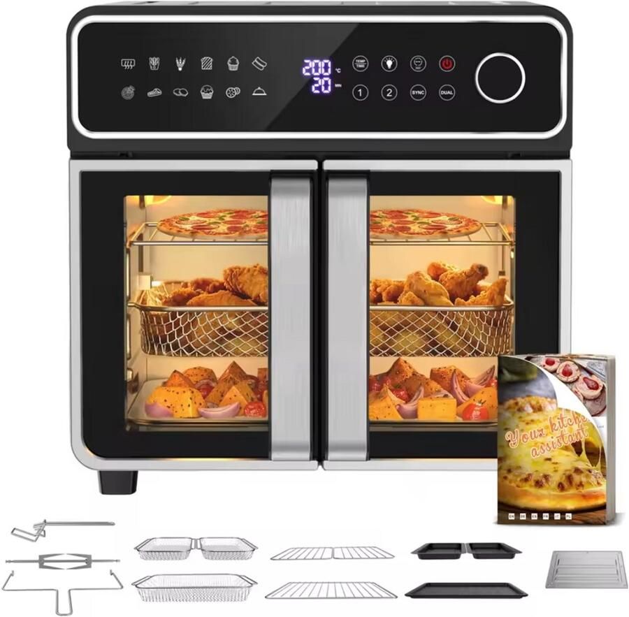 Dubbele Airfryer Oven 23L – 12-in-1 Heteluchtfriteuse met Dual Zone Sync & Dual Cook 230°C Rotisserie en 13 Accessoires – Zwart