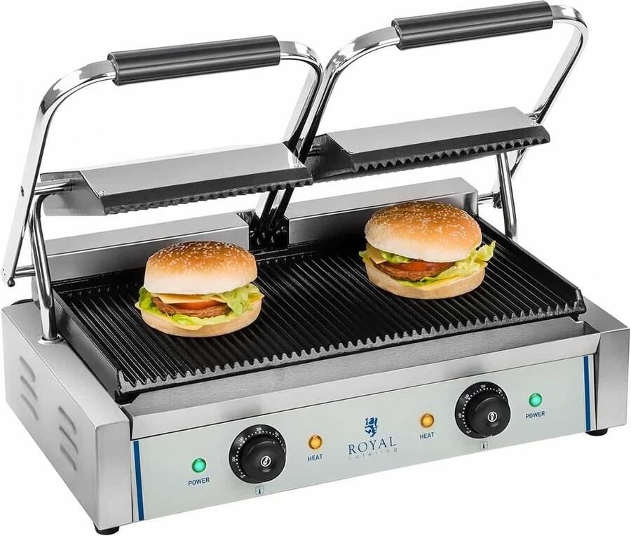 Dubbele Contactgrill Geribbelde Grillplaat Professioneel Koken Dubbele Thermostaat 37 x 56.5 x 52 cm Zilver