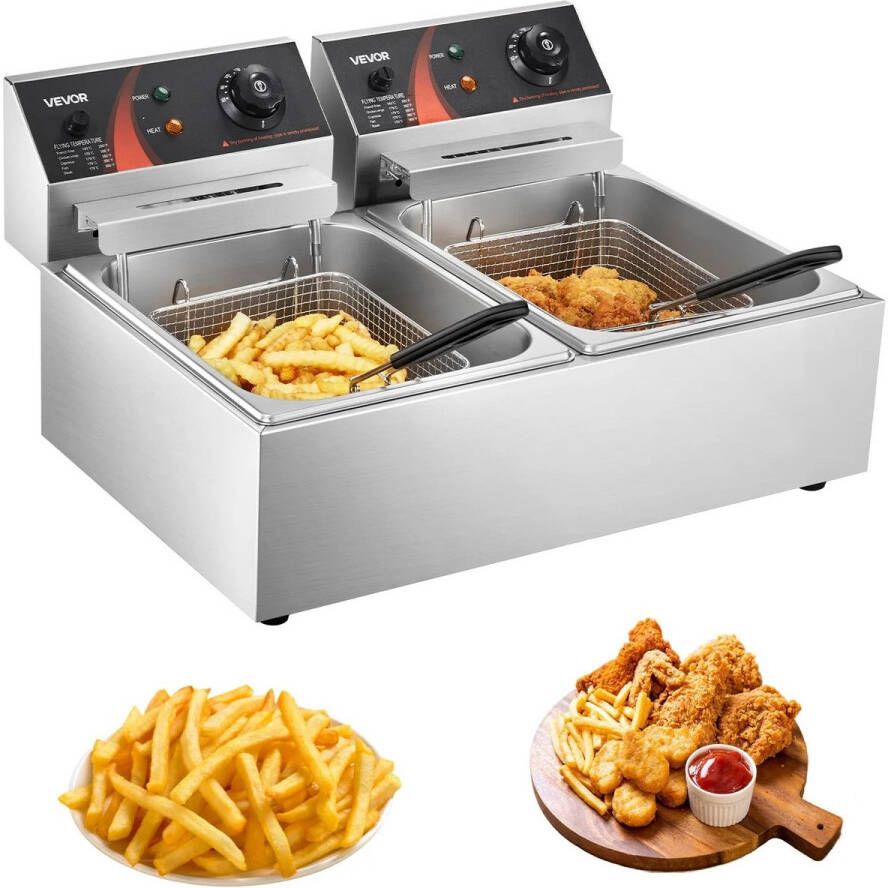 Dubbele Elektrische Friteuse 12L 5000W RVS Deep Fryer 2 Tanks 2 Mandjes Deksel Instelbare Temperatuur Snelle Verwarming Commercieel gebruik