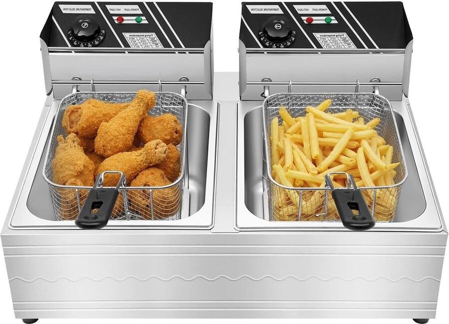 Dubbele Elektrische Friteuse Professionele Frituurpan Grote Porties Frituren Roestvrij Staal Design 2x 6 Liter Zilver