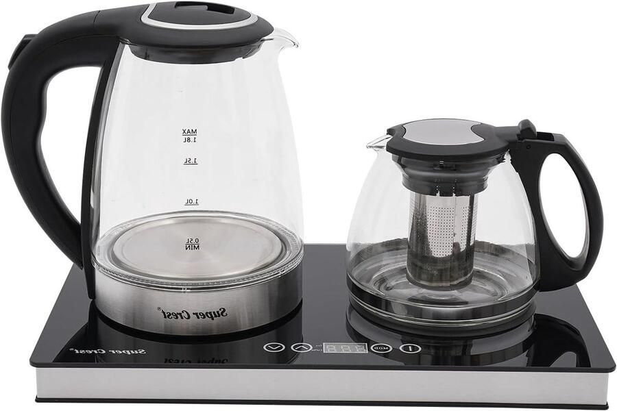 Dubbele Elektrische Waterkoker Thee en Koffie Maker Snel Drankjes Maken Twee Kookfuncties Tegelijk 1.8 Liter Zwart
