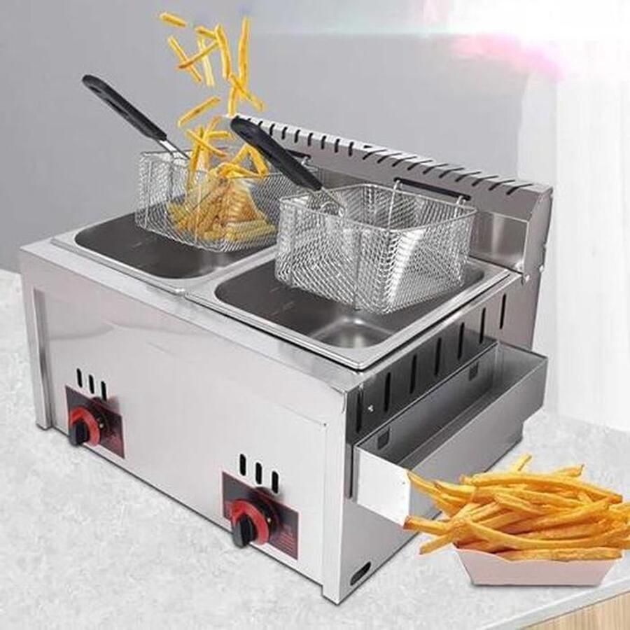 Dubbele Gasfriteuse Professionele Frituurpan Grote Porties Frituren Roestvrij Staal Constructie 2x 10L Capaciteit Zilver