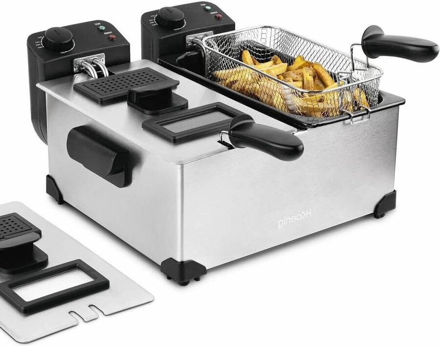 Dubbele Friteuse Frituurpan Lekkere Snacks Maken Dubbele Thermostaten 2x 3 Liter Grijs