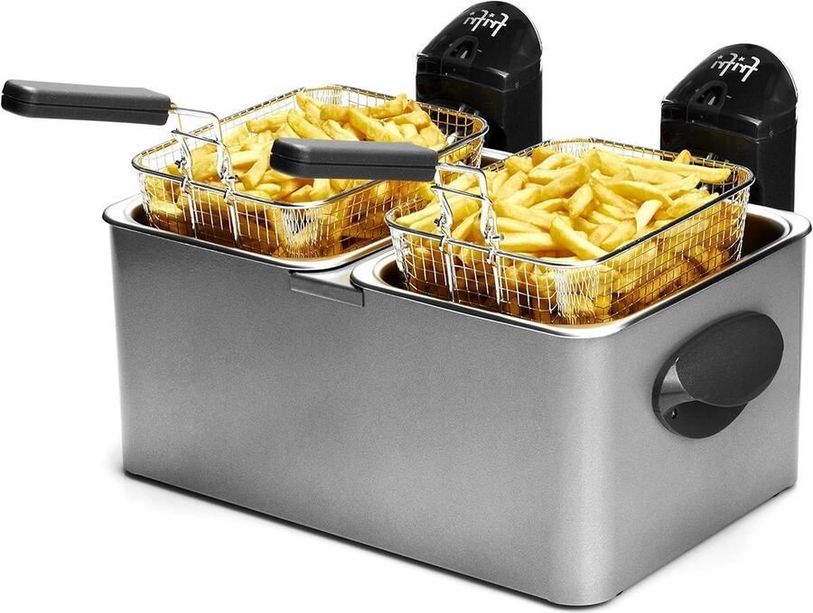 Dubbele Friteuse Frituurpan met bakken Thuis Friet Bakken Dubbele RVS Kuip 2x 35 Liter Grijs