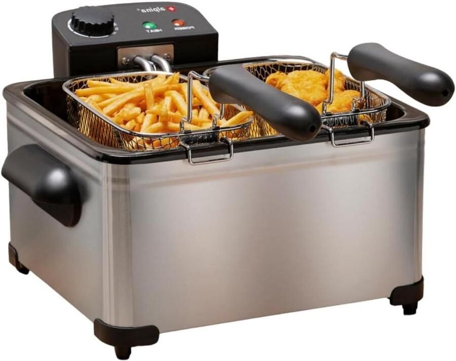 Dubbele Friteuse Frituurpan met manden Grote porties frituren Verstelbare thermostaat 5 Liter capaciteit Zilver