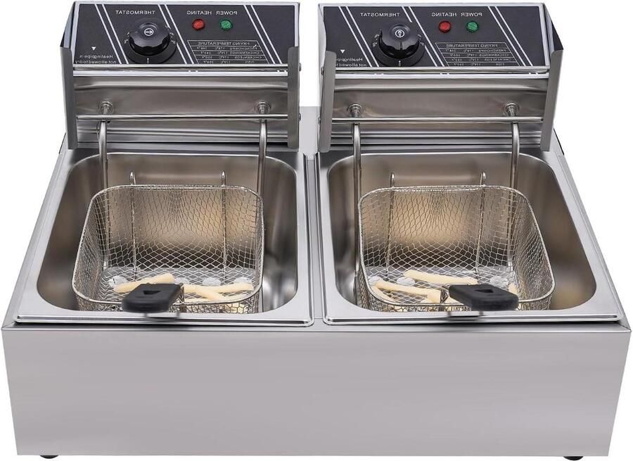 Dubbele Friteuse Frituurpan met manden Thuis Frituren Dubbele Temperatuurregeling 12 Liter Capaciteit Zilver