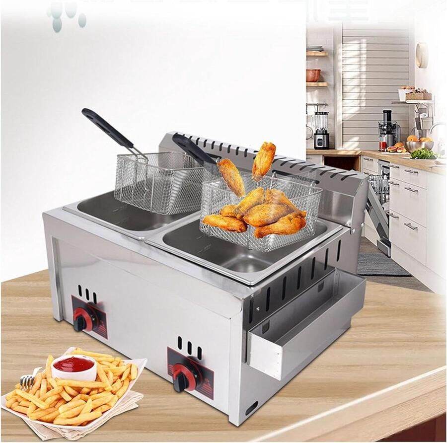 Dubbele Friteuse Professionele Frituurpan Snackbar Gebruik Roestvrij Staal 20 Liter Capaciteit Zilver
