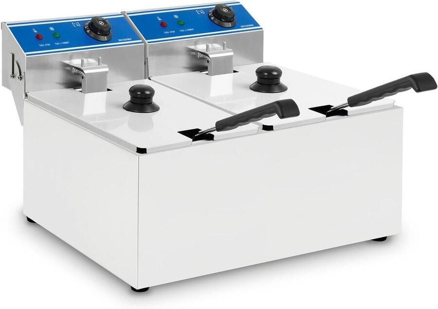 Dubbele Friteuse Professionele Frituurpan Snelle Snacks Maken Koude Zone Principe 2x 8 Liter Zilverkleurig
