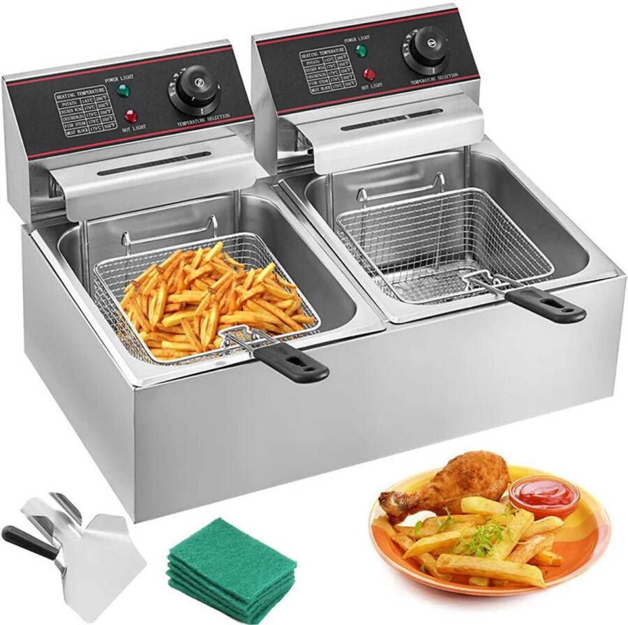 Dubbele Frituurpan 12L Frituurpan – Elektrische 5000W – RVS – Instelbare Thermostaat – Voor Horeca en Thuisgebruik Krachtig en Snel Opwarmen
