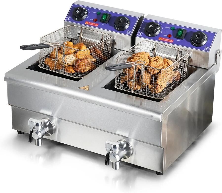 Dubbele Frituurpan Commerciële Elektrische Friteuse Met Afvoerkraan Dubbele Tanks Dubbele frituur Friteuse 12l 2x 3000W Roestvrijstalen Friteuse Timer Afzonderlijke Schakeling