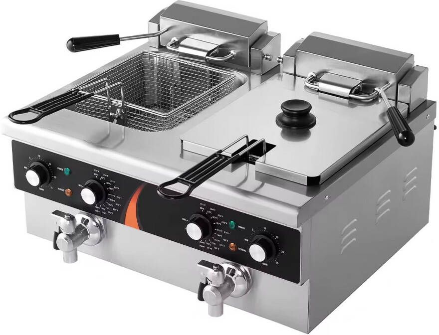 Dubbele Frituurpan Commerciële Elektrische Friteuse Met Afvoerkraan Timer Dubbele Tanks 12l 3000W 2x 1500W Roestvrijstalen Friteuse Afzonderlijke Schakeling