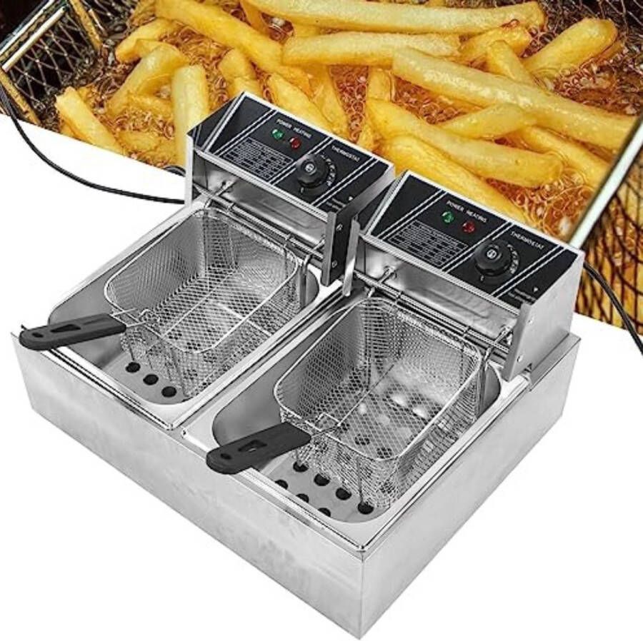 Dubbele frituurpan Dubbele friteuse Dubbele frietpan ‎60 x 50 x 36 cm 8 15 kg Roestvrij staal EU-stekker 220V