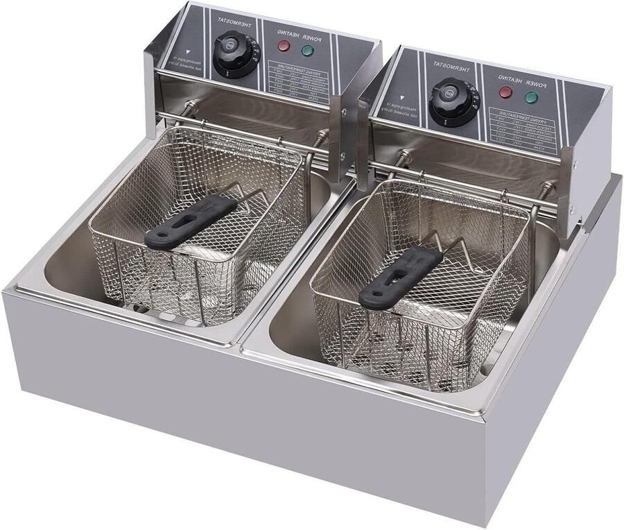 Dubbele Frituurpan Elektrische Frituur Grote Porties Roestvrij Staal 12 Liter Tank Zilver