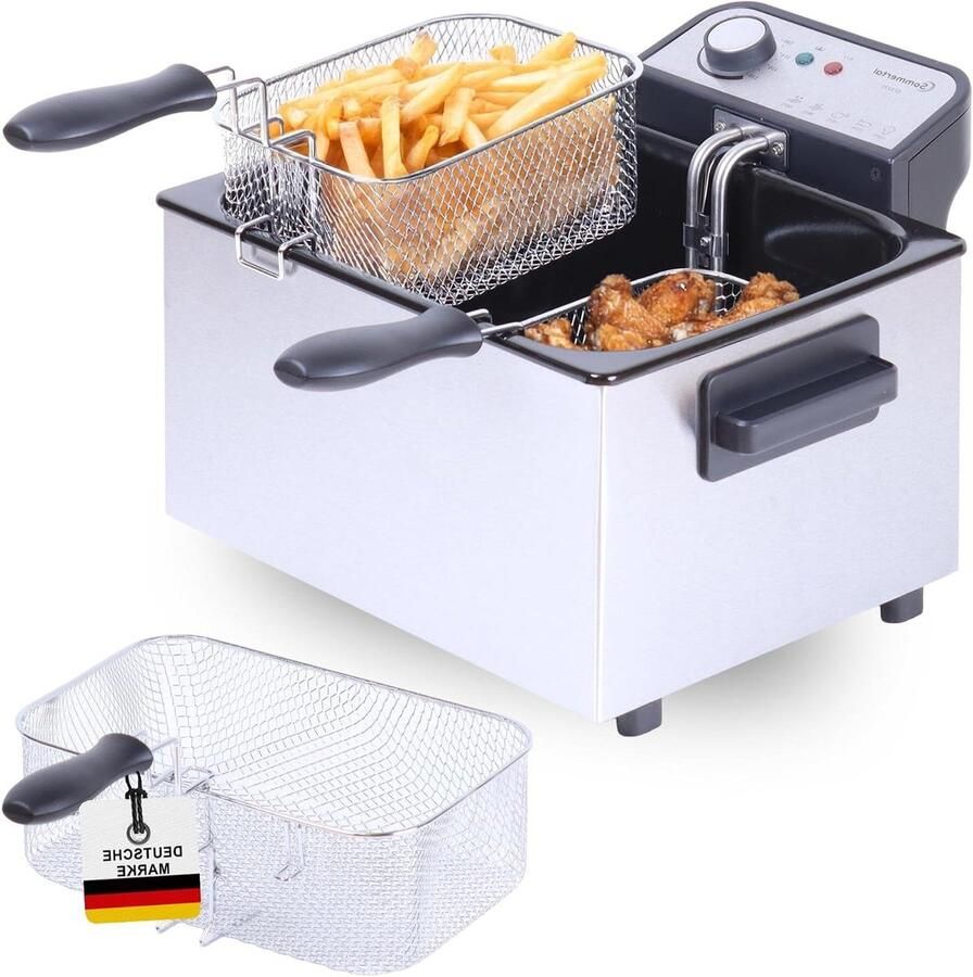 Dubbele Frituurpan Friteuse met manden Luxe snacks bereiden XXL formaat 5 liter 3 manden Zilver