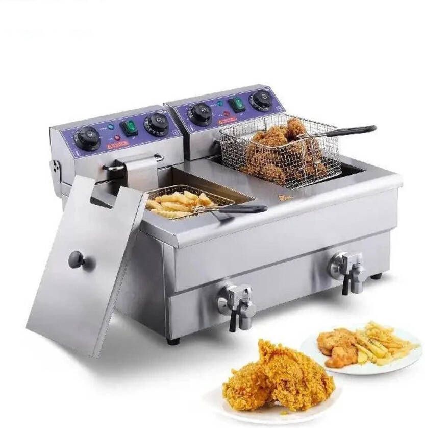 Dubbele Frituurpan Frituurpannen Horeca Friteuse 12L 3000W Instelbare Thermostaat RVS 2 Tanks Afvoerkraan met Timer en Filte Voor Friet Kip en Snacks