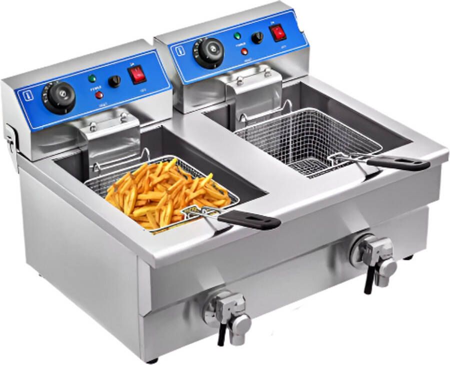 Dubbele Frituurpan Frituurpannen Horeca Friteuse 20L 6000W Instelbare Thermostaat RVS 2 Tanks Snelle Verwarming Voor Horeca en Thuisgebruik