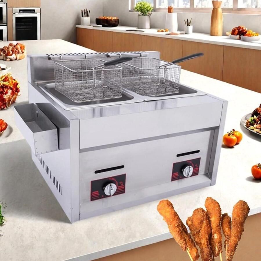 Dubbele Frituurpan Professionele Frituur Grote Keuken Dubbele Cilinders 20 Liter Zilver