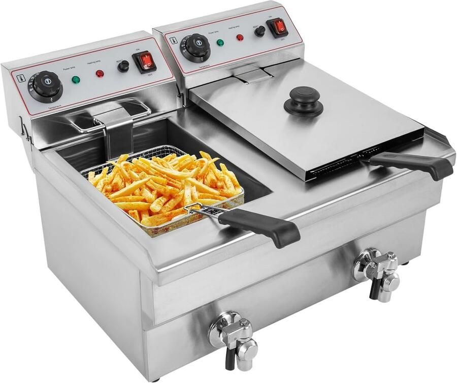 Dubbele Frituurpan Professionele Frituur Grote Keuken Temperatuurregeling 2x 10L Inhoud Zilver
