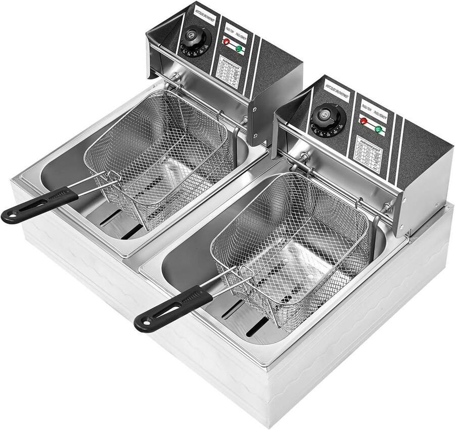 Dubbele Frituurpan Professionele Frituur Grote porties bakken Instelbare temperatuur 2x 6 liter Zilver