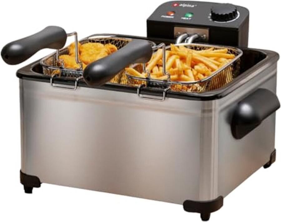 Dubbele Frituurpan Vetpan Snacks Grote Porties Verstelbare Thermostaat 5 Liter Inhoud Zilverkleurig
