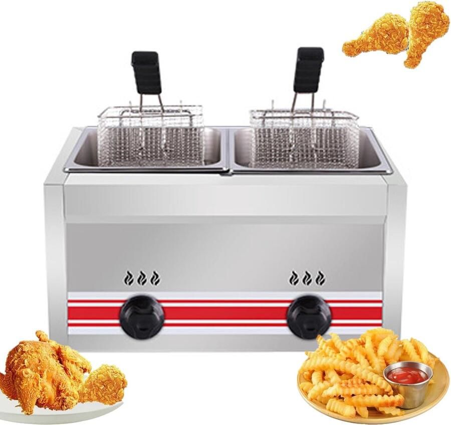 Dubbele Gas Frituurpan Friteuse Keuken Voedsel Bereiden Roestvrij Staal 57x30x42 cm Wit