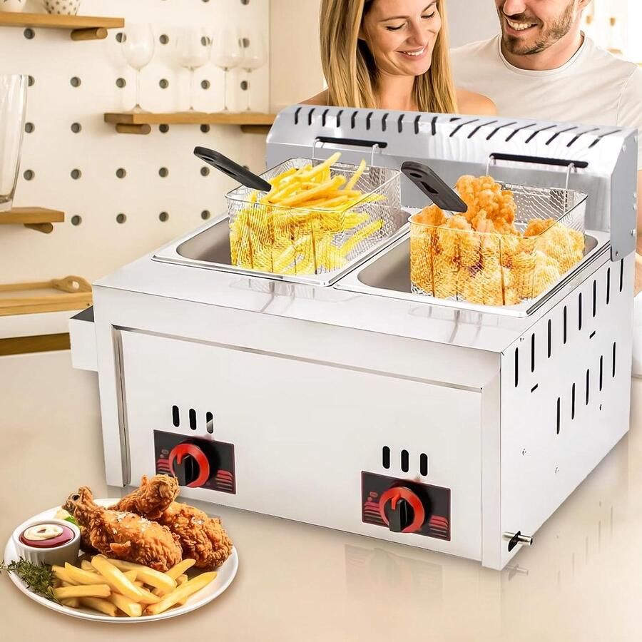 Dubbele Gas Frituurpan Professionele Frituur Snacks Bereiden Onafhankelijke Temperatuurregeling 20 Liter Zilver
