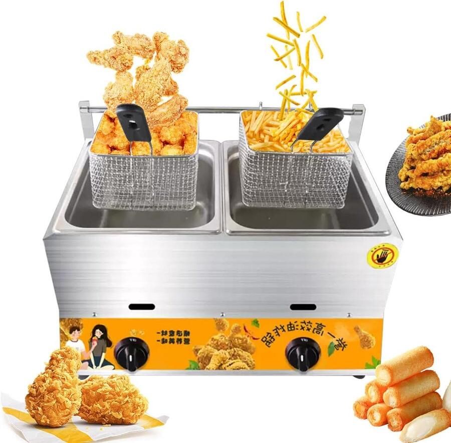 Dubbele Gas Frituurpan Professionele Frituurketel Grote Porties Frituren Roestvrij Staal Constructie 2x 10L Zilver