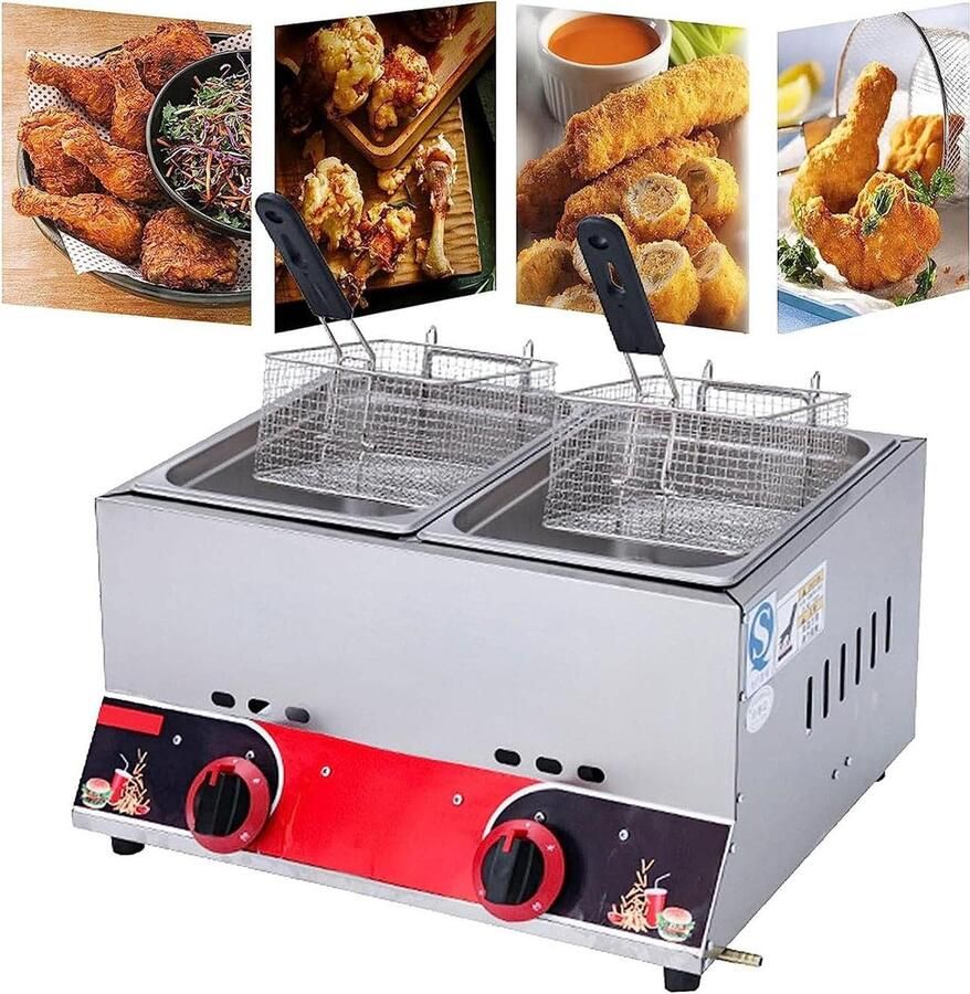 Dubbele Gasfriteuse Friteuse Horeca Professioneel Frituren Grote Capaciteit 22 Liter Rood