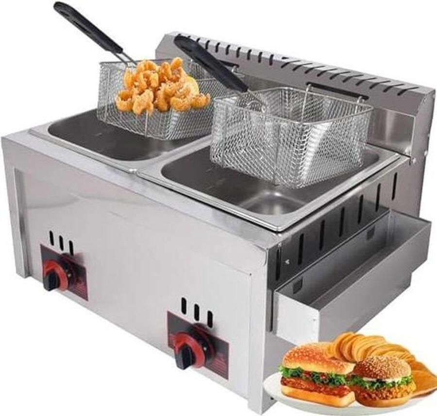 Dubbele Gasfriteuse Professionele Frituurpan Commercieel Frituren Energiezuinig Verwarmingssysteem 2x 10 Liter Zilver