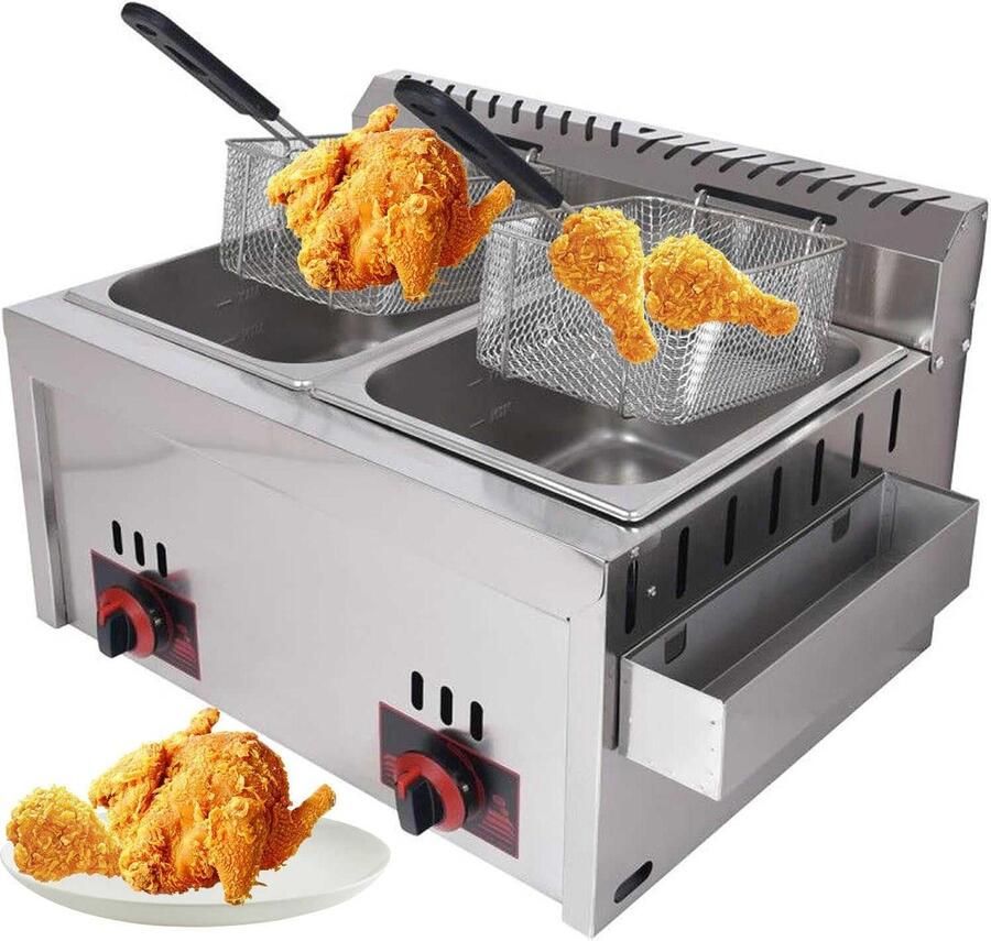 Dubbele Gasfriteuse Professionele Frituurpan Grote Keuken Roestvrij Staal 2x 10 Liter Zilver